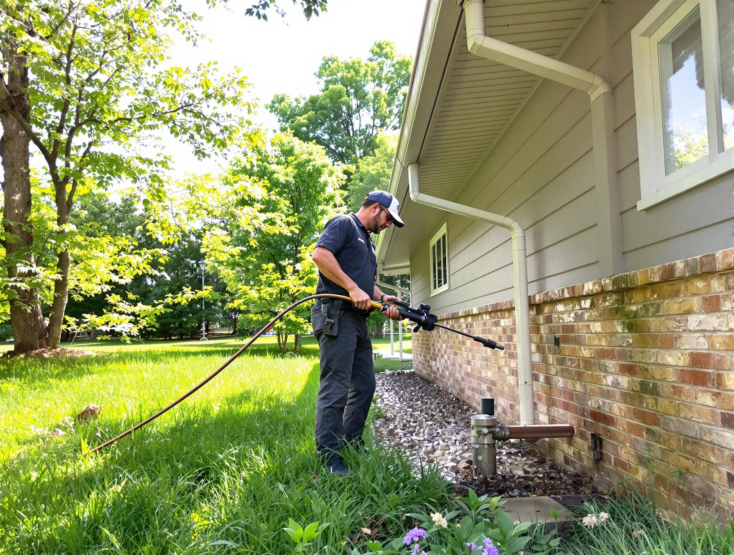 Twinsburg Roofing Company removing debris from a downspout in Twinsburg, OH