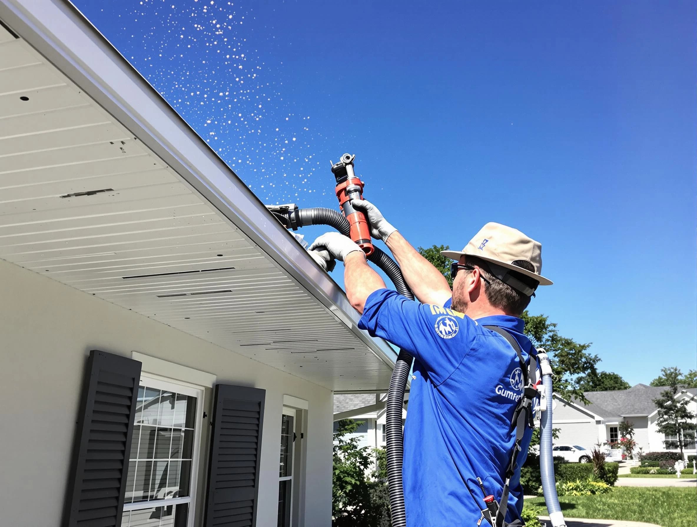 Technician completing a gutter cleaning project by Twinsburg Roofing Company in Twinsburg, OH