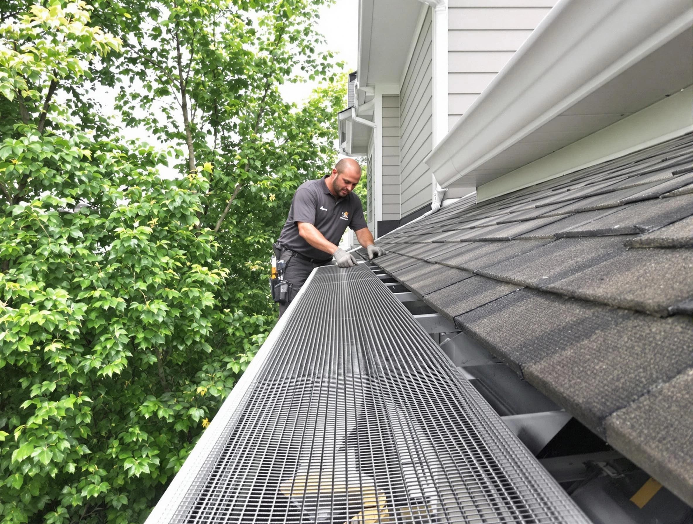 Close-up of gutter guards installed by Twinsburg Roofing Company in Twinsburg, OH