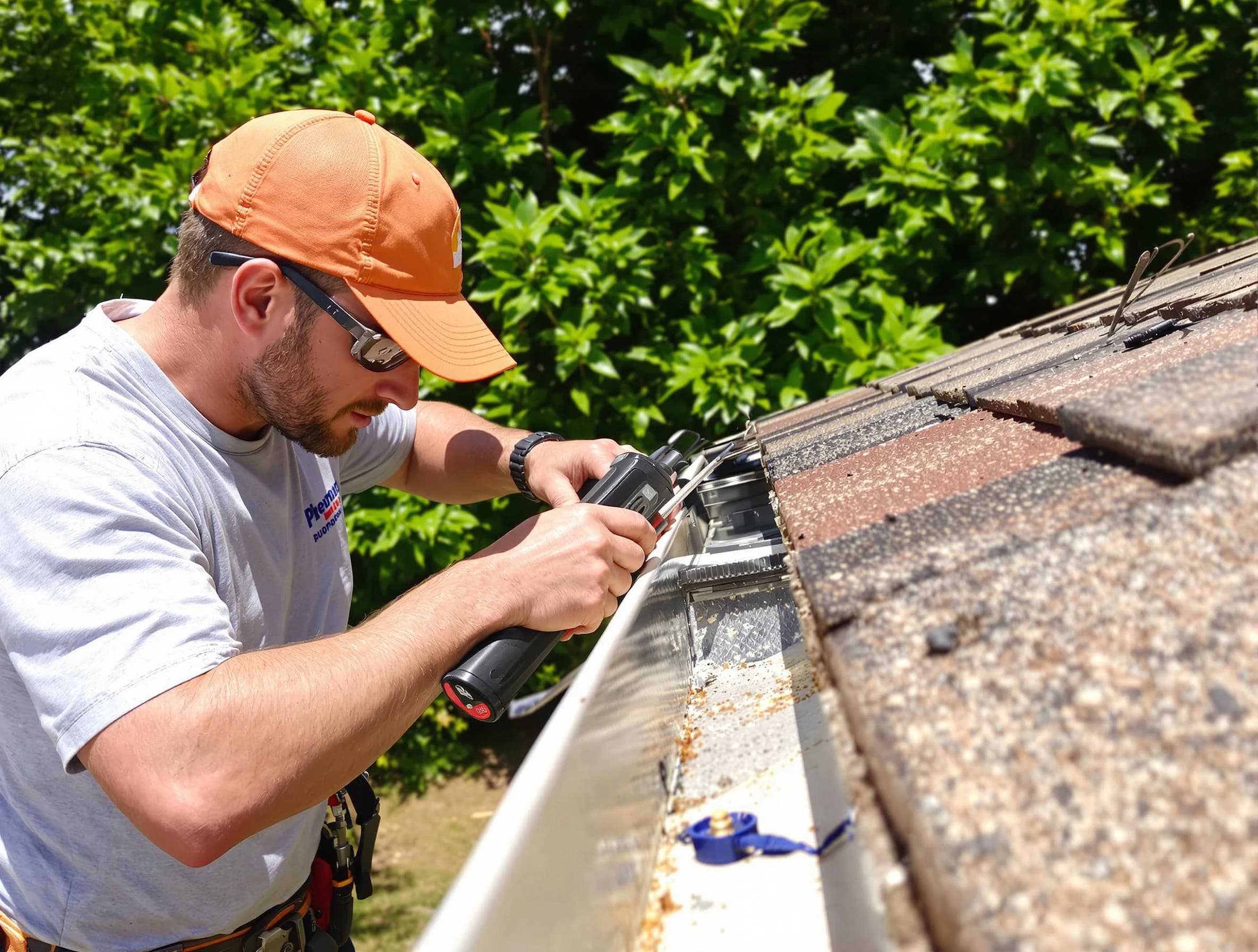 Twinsburg Roofing Company specialists conducting a gutter repair in Twinsburg, OH